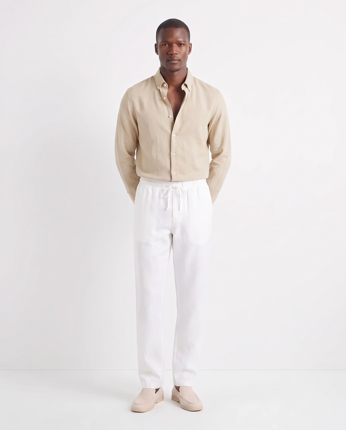 Linen Shirt — Sand worn tucked in, with Linen Trouser, Drawstring — White and Terra Loafer — Cream, Beige Sole