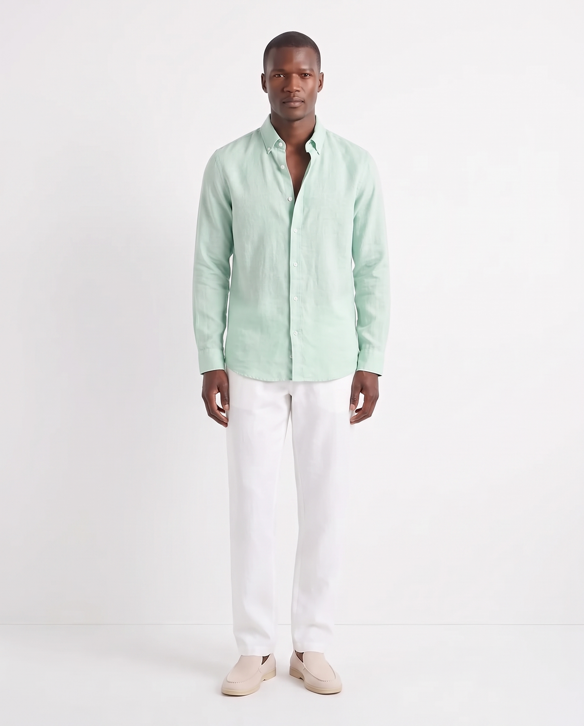 Linen Shirt — Mint worn untucked with the top two buttons open, with Linen Trouser, Drawstring — White and Terra Loafer — Cream, Beige Sole