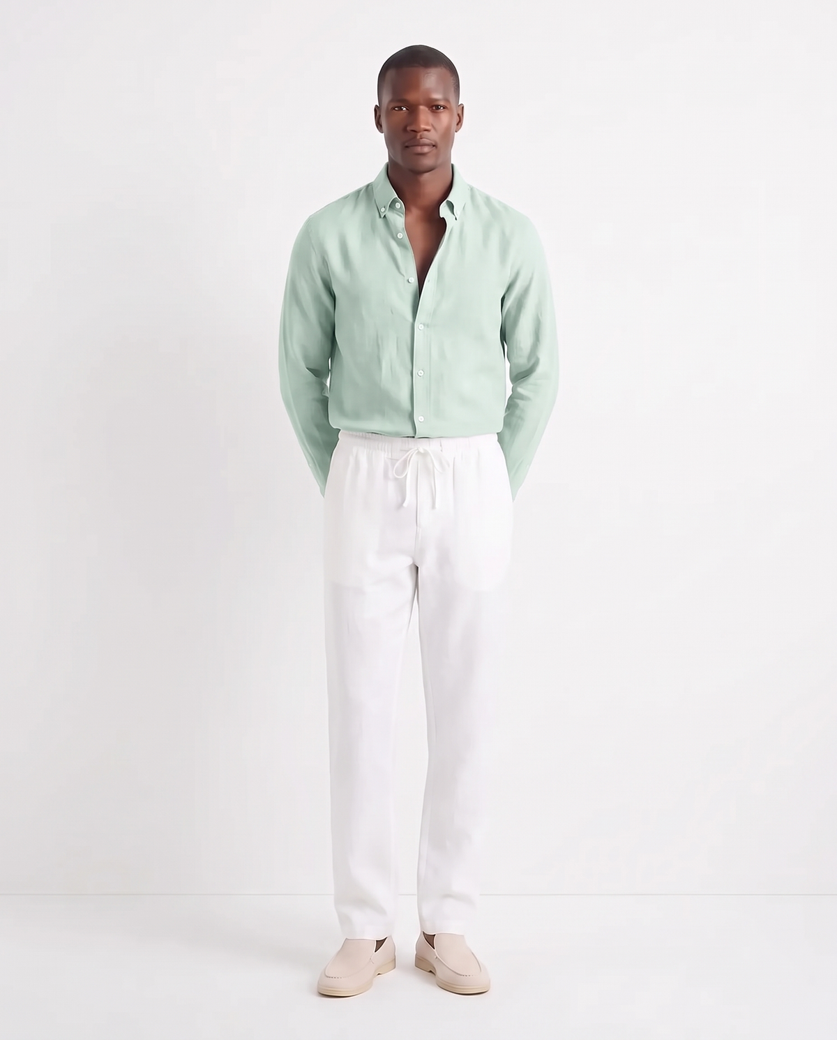 Linen Shirt — Mint worn tucked in, with Linen Trouser, Drawstring — White and Terra Loafer — Cream, Beige Sole