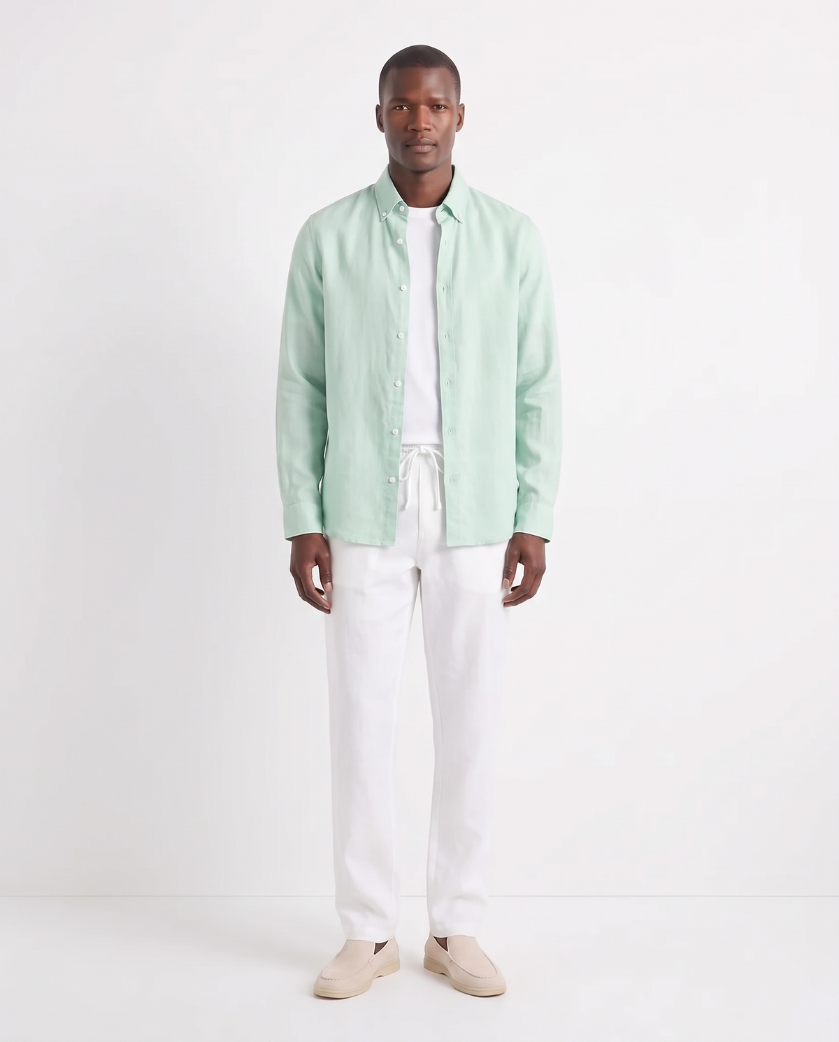 Linen Shirt — Mint worn open over a white tee, with Linen Trouser, Drawstring — White and Terra Loafer — Cream, Beige Sole