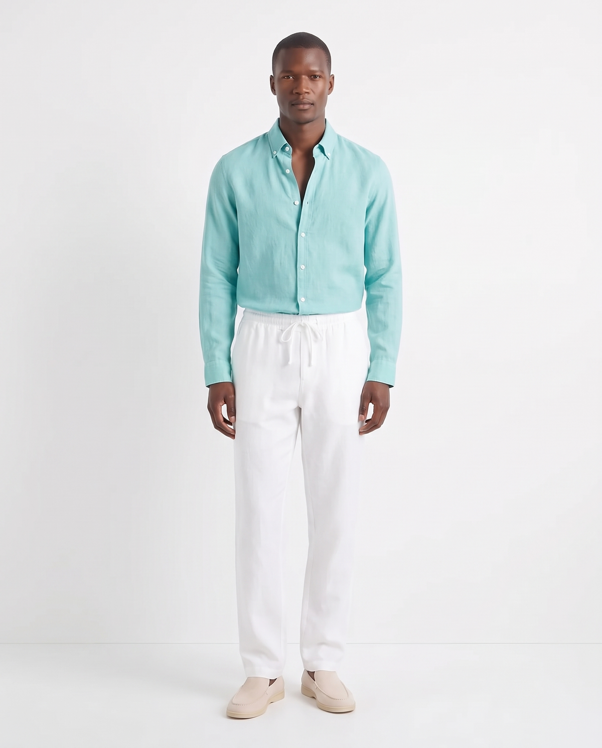 Linen Shirt — Aqua worn tucked in, with Linen Trouser, Drawstring — White and Terra Loafer — Cream, Beige Sole