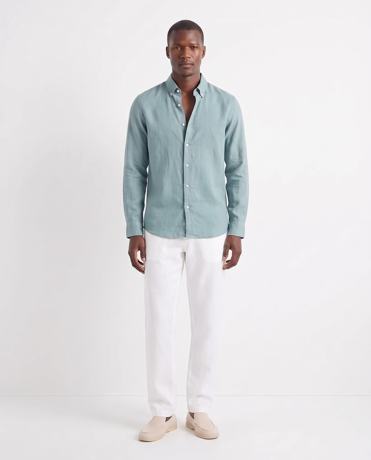 Linen Shirt — Teal worn untucked with the top two buttons open, with Linen Trouser, Drawstring — White and Terra Loafer — Cream, Beige Sole