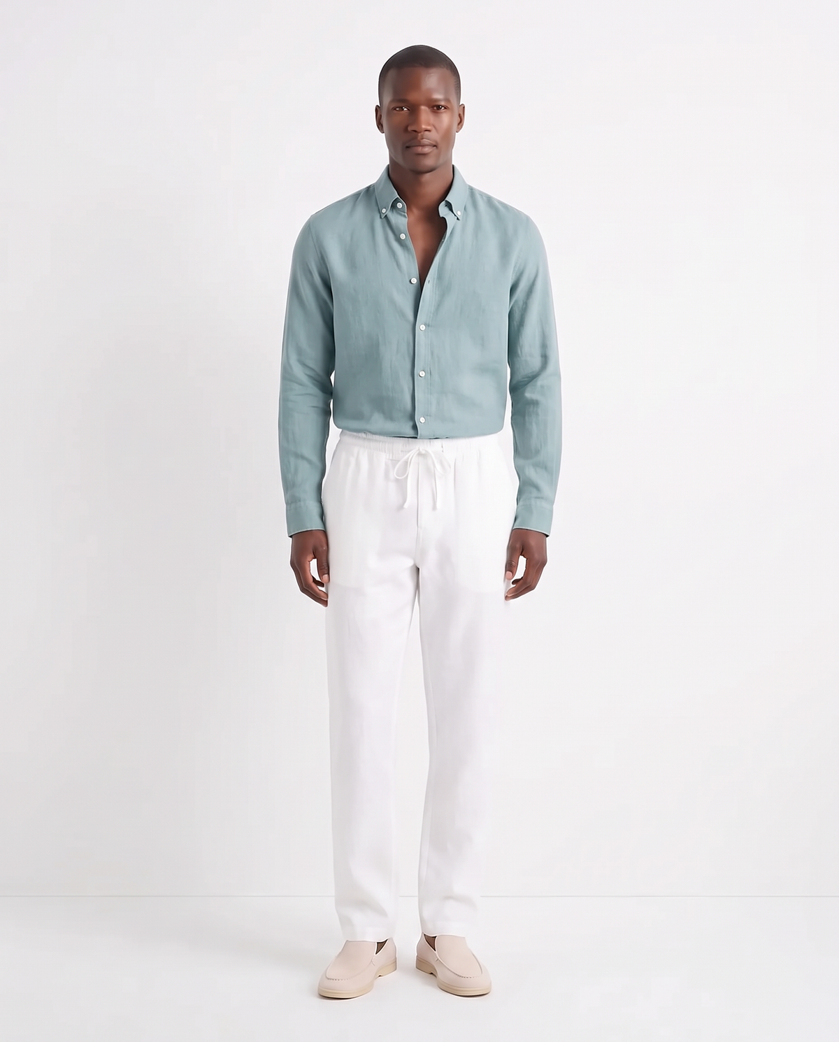 Linen Shirt — Teal worn tucked in, with Linen Trouser, Drawstring — White and Terra Loafer — Cream, Beige Sole