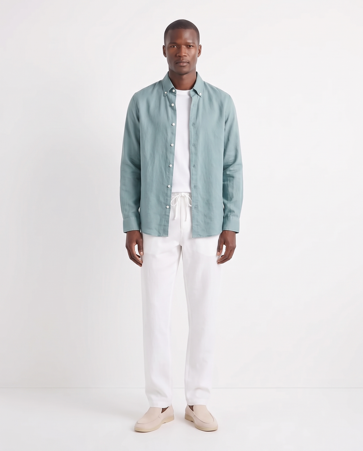 Linen Shirt — Teal worn open over a white tee, with Linen Trouser, Drawstring — White and Terra Loafer — Cream, Beige Sole
