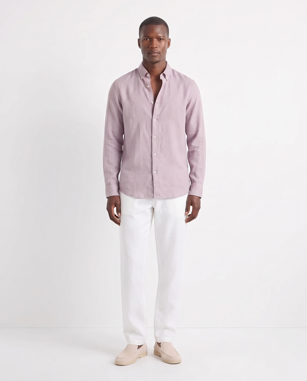 Linen Shirt — Lilac worn untucked with the top two buttons open, with Linen Trouser, Drawstring — White and Terra Loafer — Cream, Beige Sole