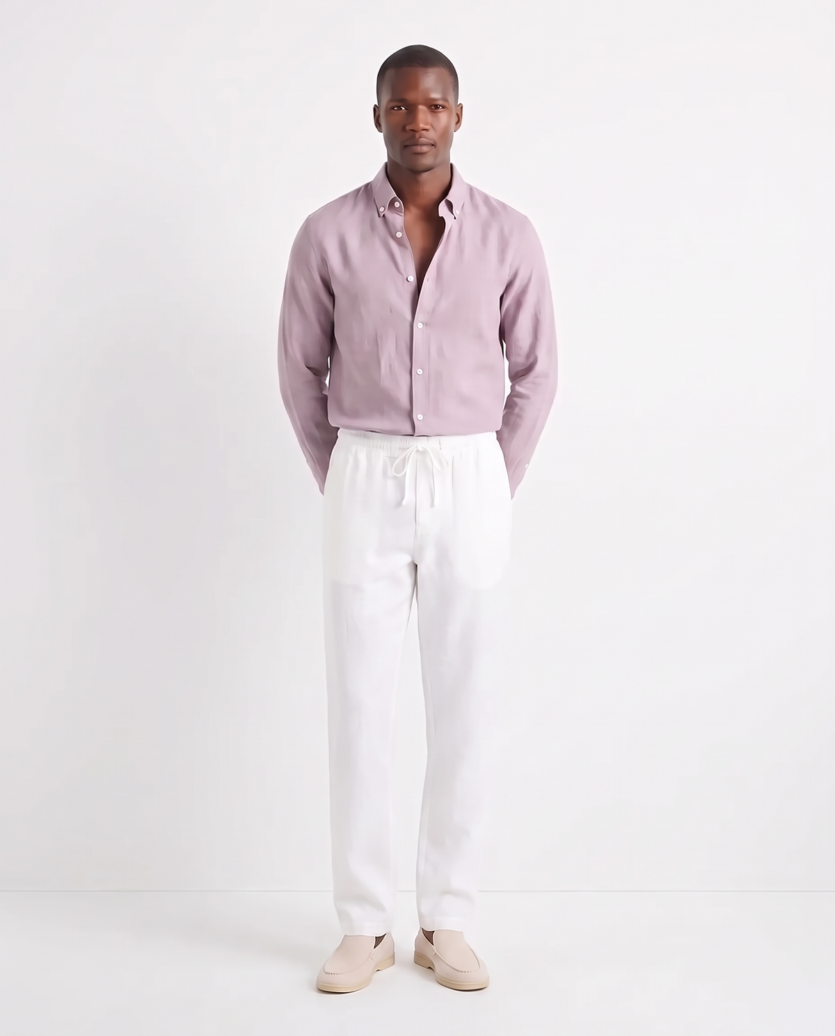 Linen Shirt — Lilac worn tucked in, with Linen Trouser, Drawstring — White and Terra Loafer — Cream, Beige Sole