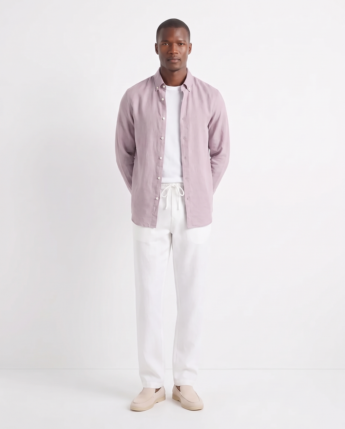 Linen Shirt — Lilac worn open over a white tee, with Linen Trouser, Drawstring — White and Terra Loafer — Cream, Beige Sole