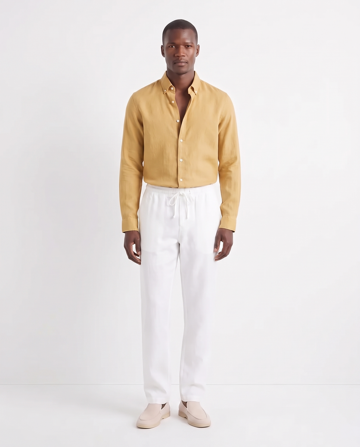 Linen Shirt — Mustard worn tucked in, with Linen Trouser, Drawstring — White and Terra Loafer — Cream, Beige Sole