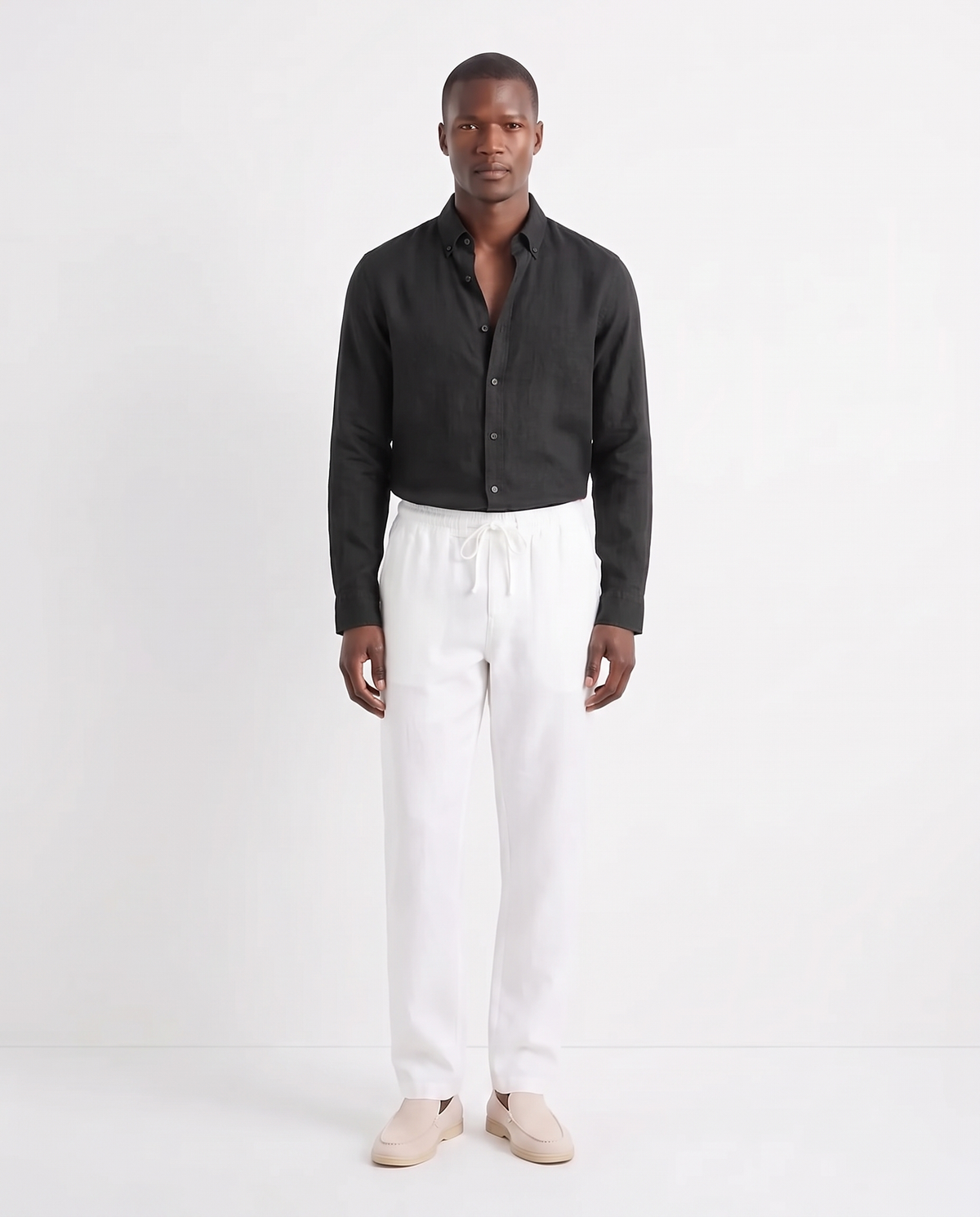 Linen Shirt — Black worn tucked in, with Linen Trouser, Drawstring — White and Terra Loafer — Cream, Beige Sole