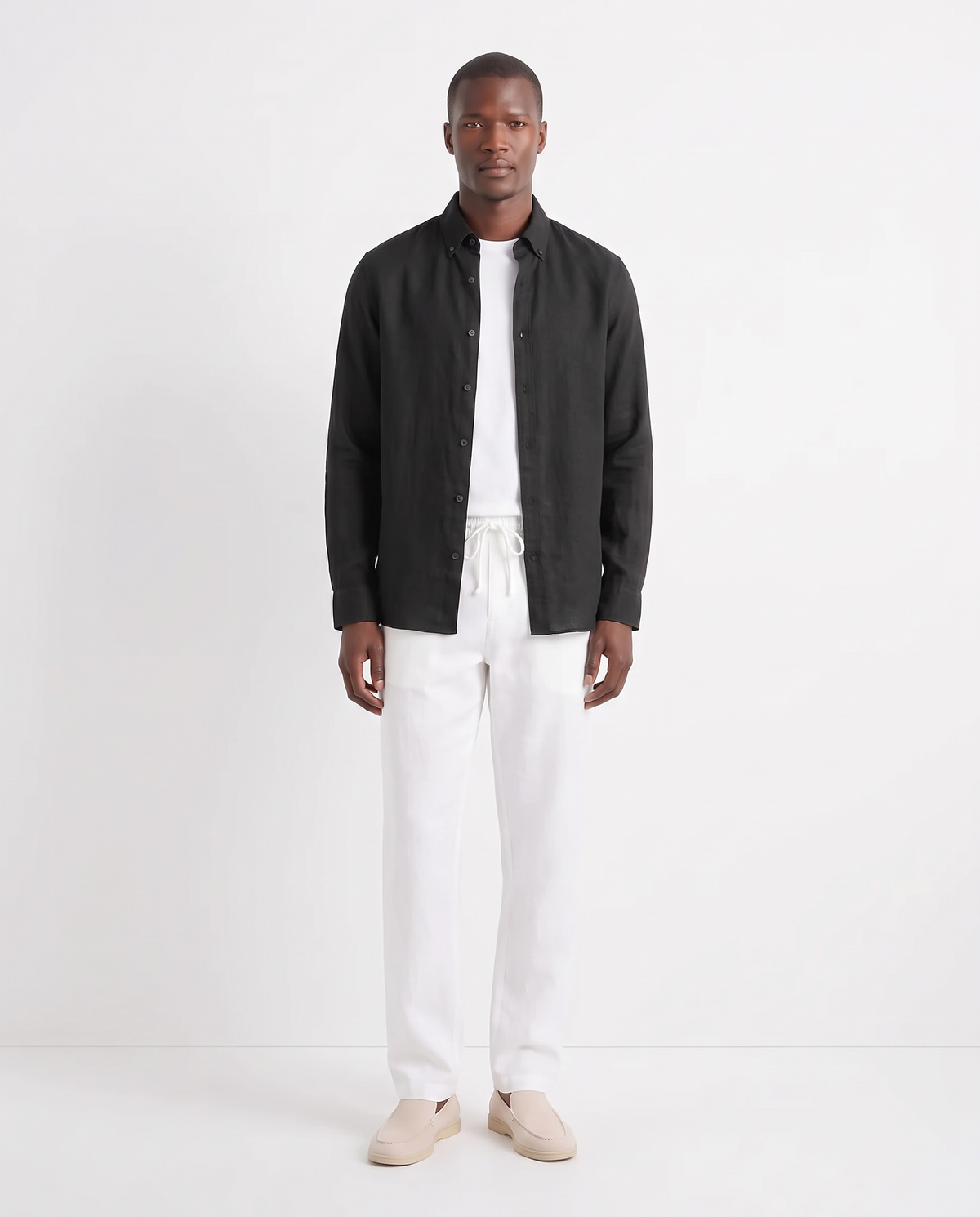 Linen Shirt — Black worn open over a white tee, with Linen Trouser, Drawstring — White and Terra Loafer — Cream, Beige Sole