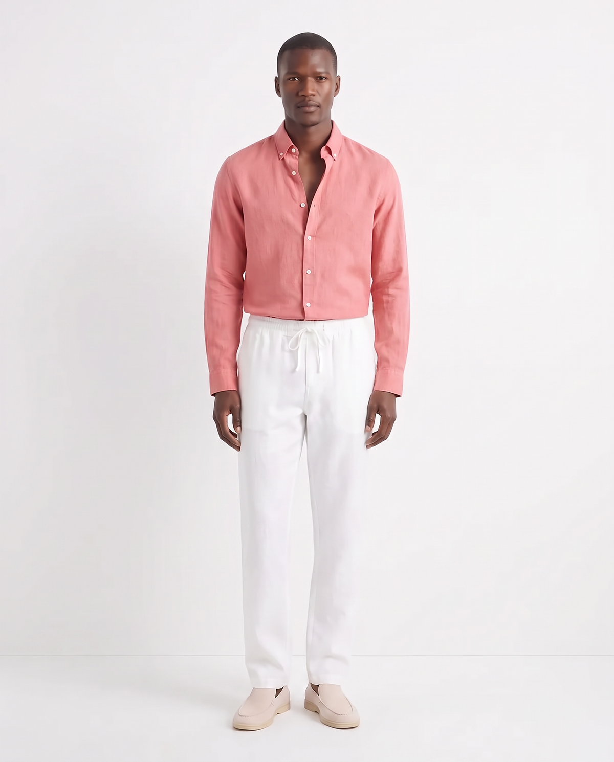 Linen Shirt — Coral Pink worn tucked in, with Linen Trouser, Drawstring — White and Terra Loafer — Cream, Beige Sole