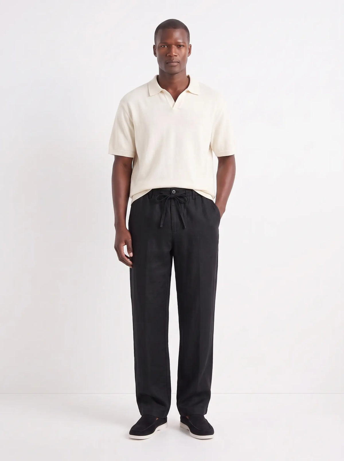 Heritage Linen Trouser — Black — worn by the model, front (relaxed fit)