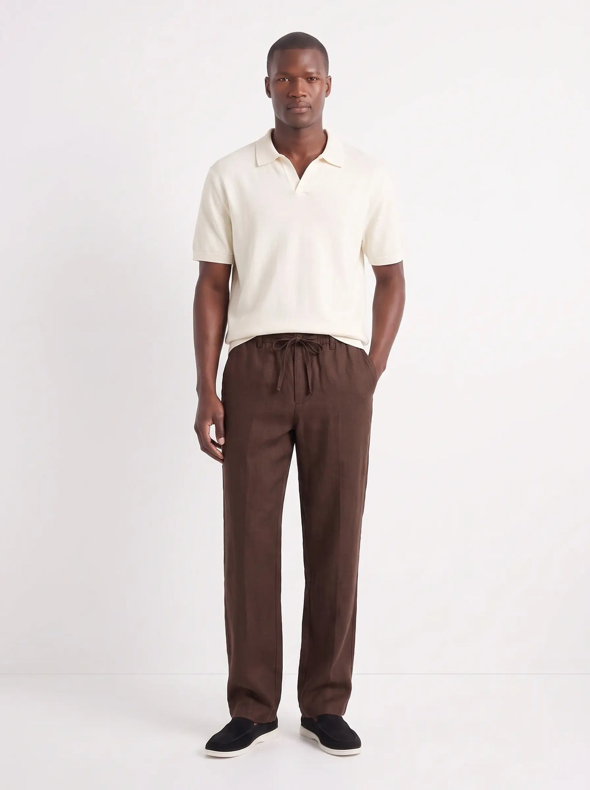 Heritage Linen Trouser — Dark Brown — worn by the model, front (relaxed fit)