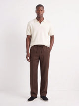 Heritage Linen Trouser — Dark Brown — worn by the model, front (relaxed fit)