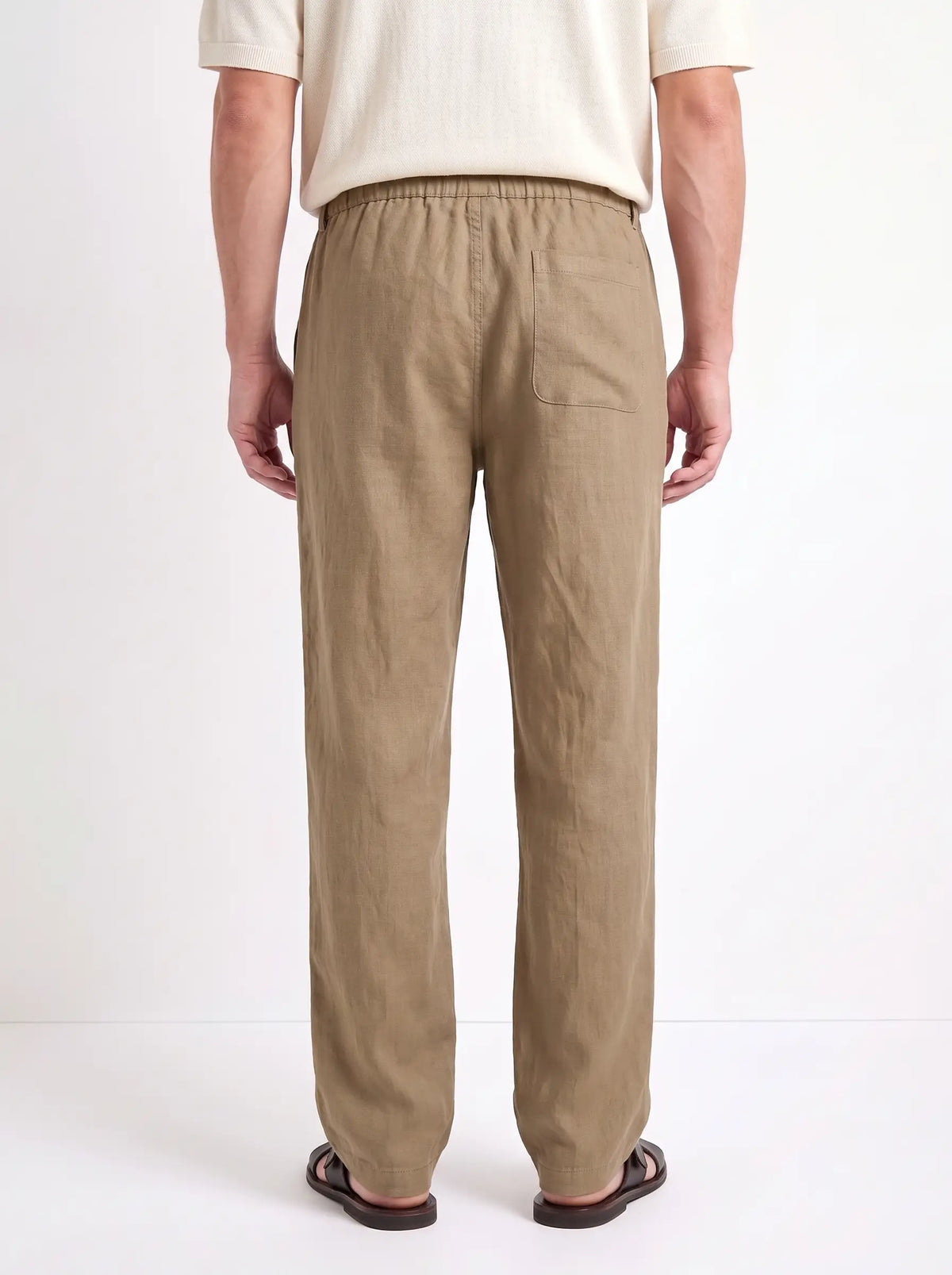 Heritage Linen Trouser — Khaki Tan — worn by the model, back (relaxed fit)