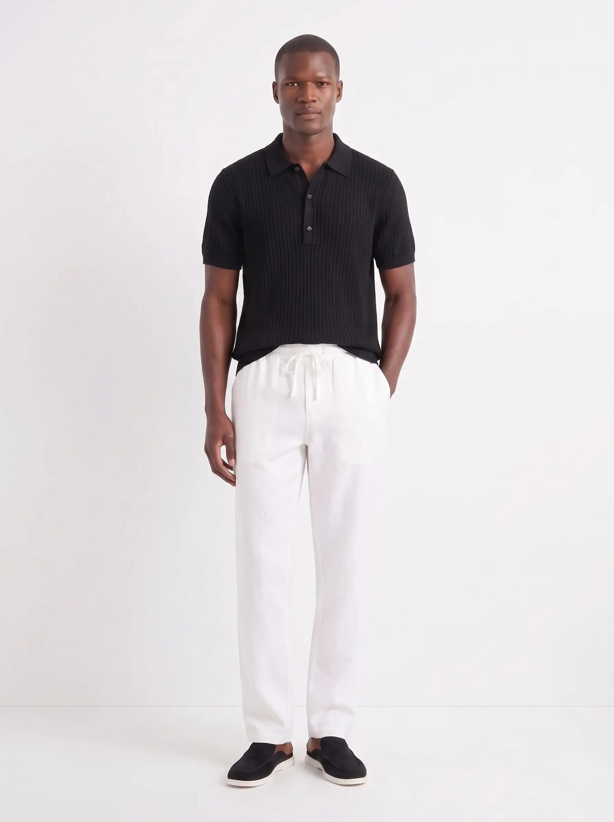 Heritage Linen Trouser — White — worn by the model, front (relaxed fit)
