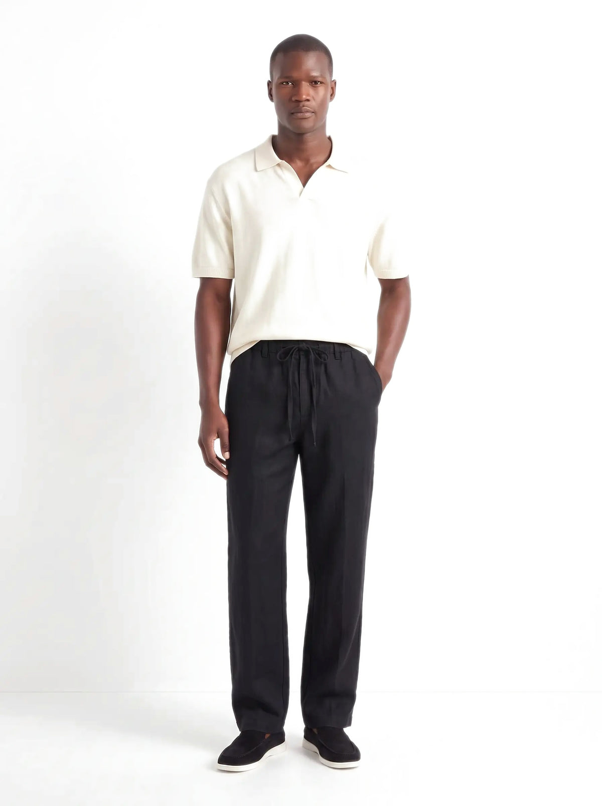 Heritage Linen Trouser — Black — worn by the model, front (relaxed fit)