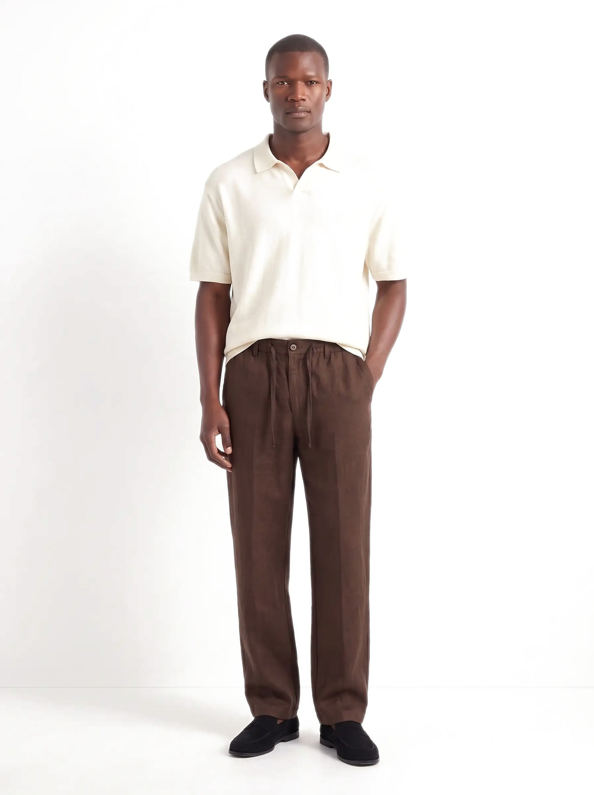 Heritage Linen Trouser — Dark Brown — worn by the model, front (relaxed fit)