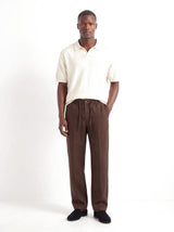 Heritage Linen Trouser — Dark Brown — worn by the model, front (relaxed fit)