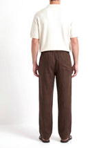 Heritage Linen Trouser — Dark Brown — worn by the model, back (relaxed fit)