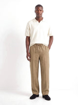 Heritage Linen Trouser — Khaki Tan — worn by the model, front (relaxed fit)