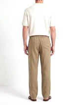 Heritage Linen Trouser — Khaki Tan — worn by the model, back (relaxed fit)