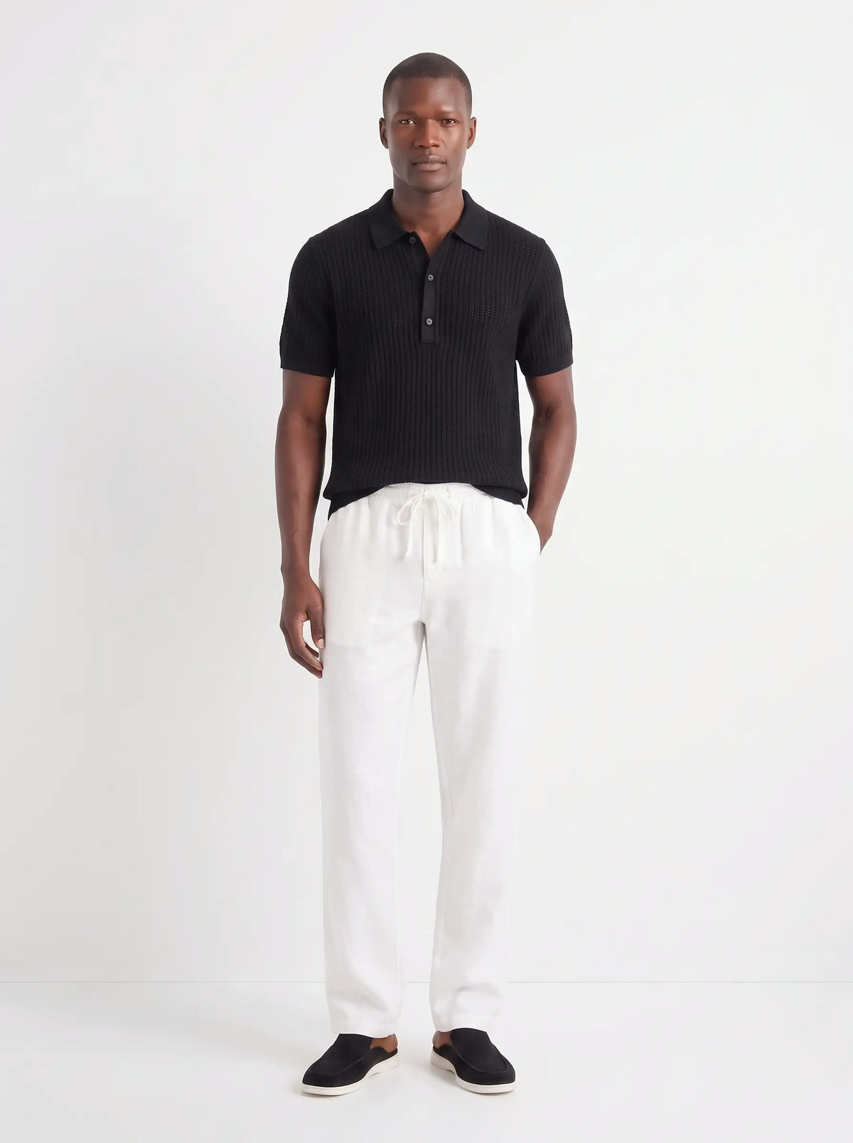 Heritage Linen Trouser — White — worn by the model, front (relaxed fit)