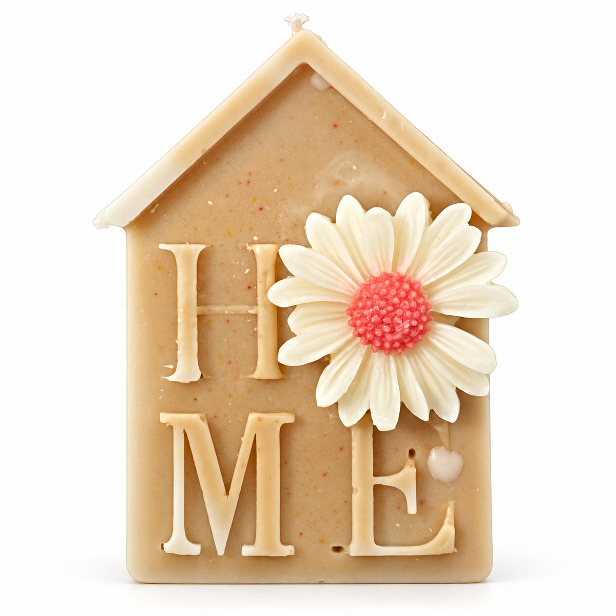 Home Candle – house-shaped candle with raised HOME letters and a daisy