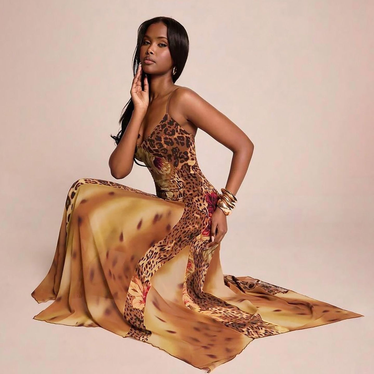 Yellow Leopard Print Cami Maxi Dress