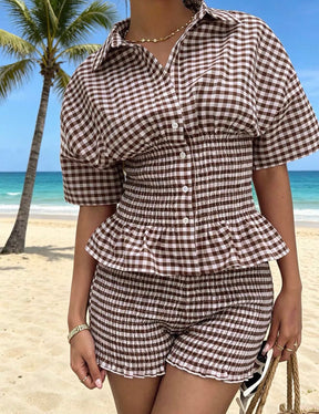 Brown Gingham Ruffle Top and Shorts 2-Piece Set