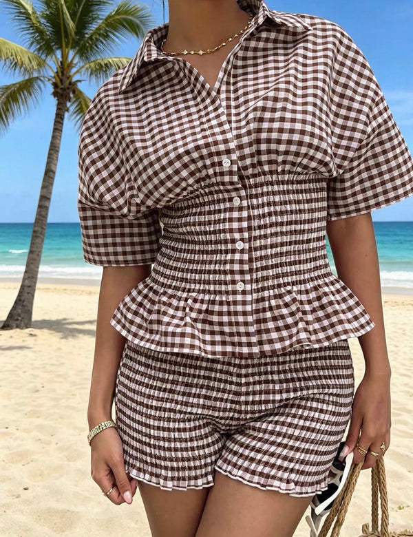 Brown Gingham Ruffle Top and Shorts 2-Piece Set