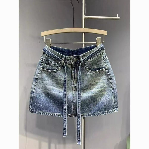 Blue Rhinestone Ombre Denim Mini Skirt