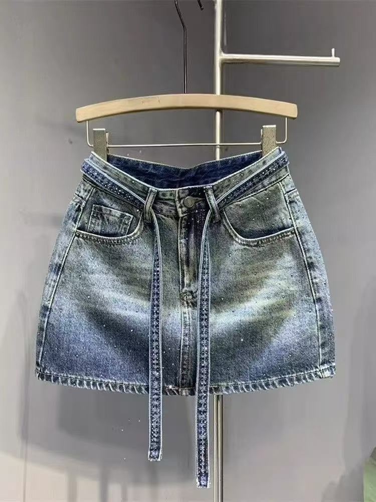 Blue Rhinestone Ombre Denim Mini Skirt