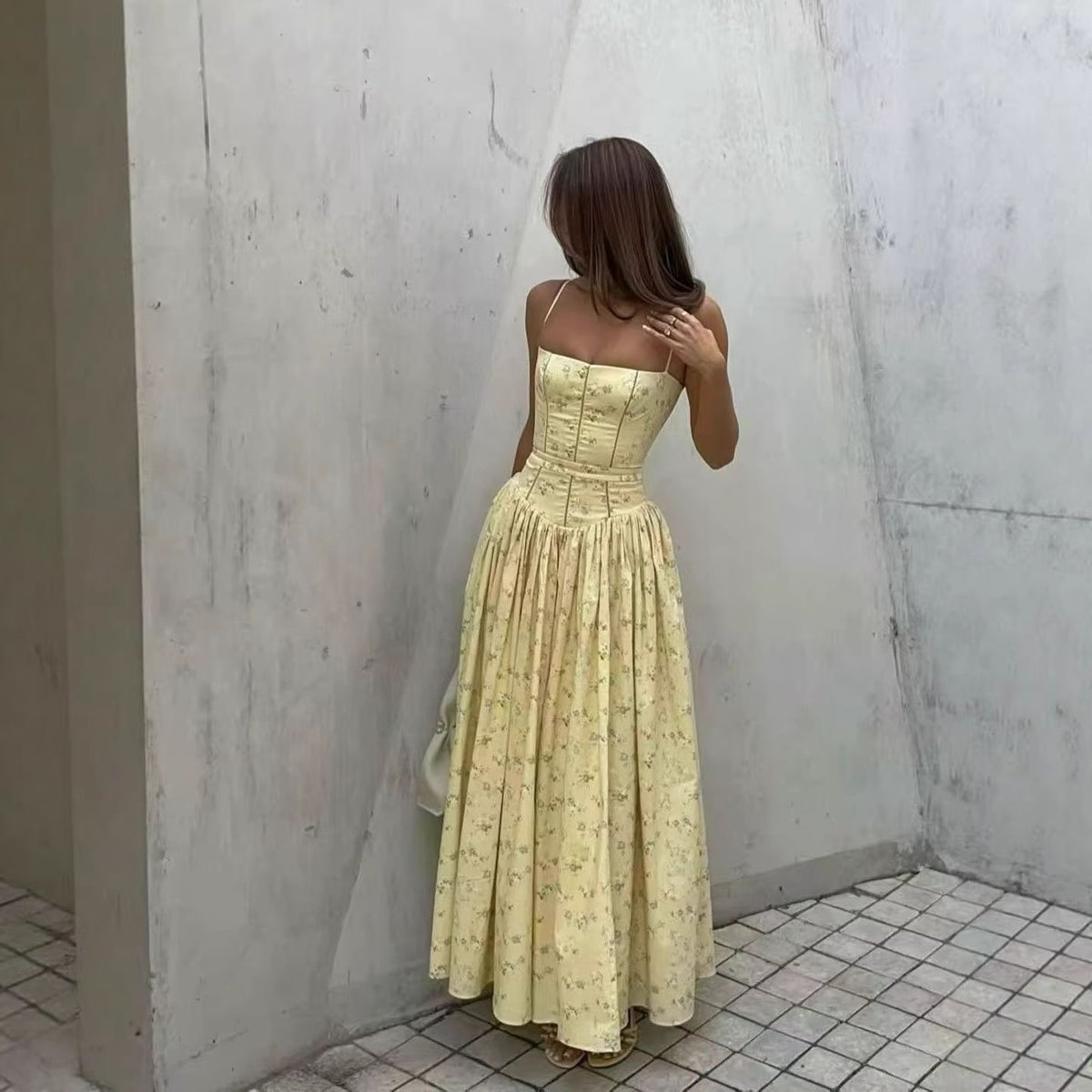 Yellow Floral Corset Cami Maxi Dress