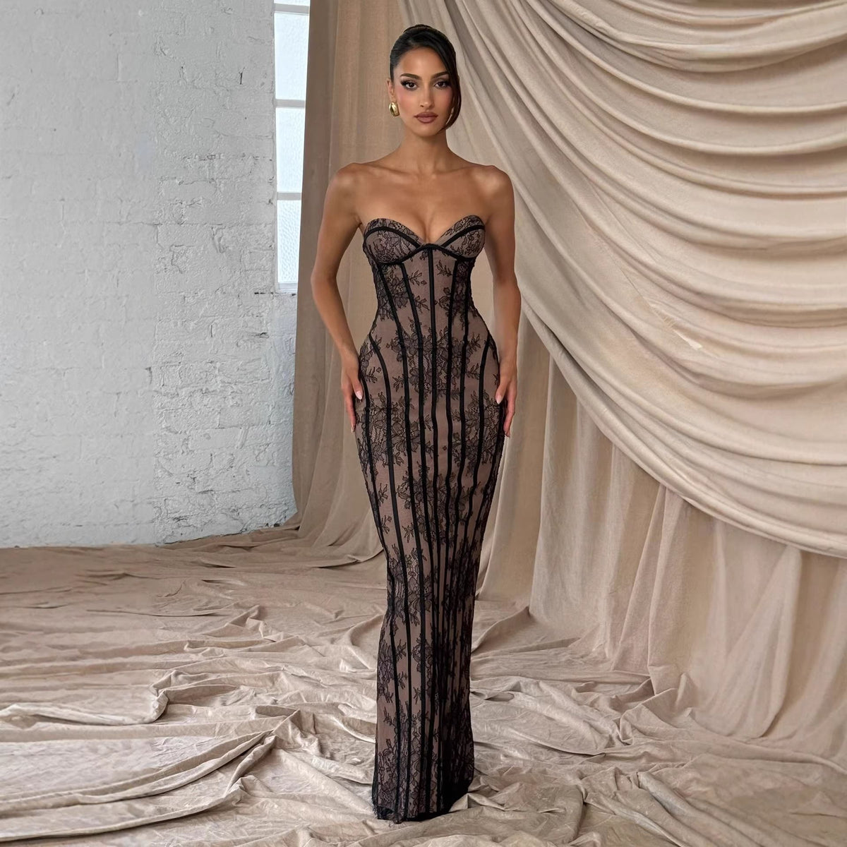 Black Lace Strapless Bodycon Maxi Dress