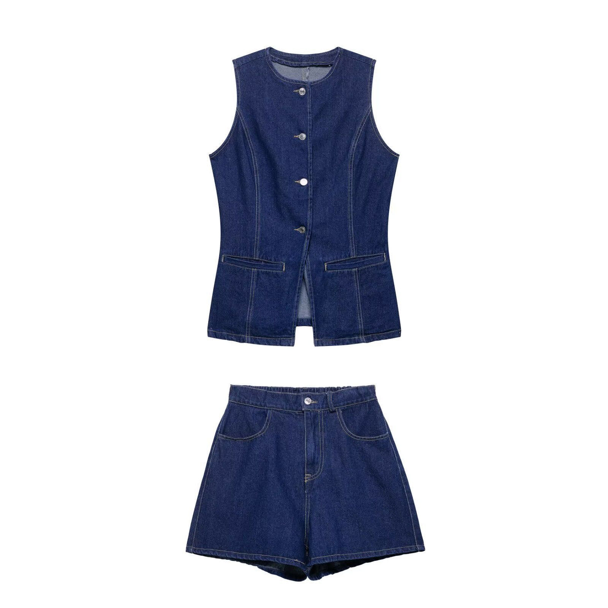 Navy Denim Peplum Waistcoat and Shorts Set