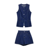 Navy Denim Peplum Waistcoat and Shorts Set