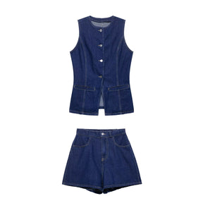 Navy Denim Peplum Waistcoat and Shorts Set