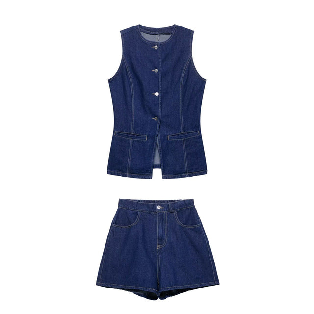 Navy Denim Peplum Waistcoat and Shorts Set