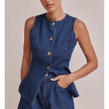 Navy Denim Peplum Waistcoat and Shorts Set