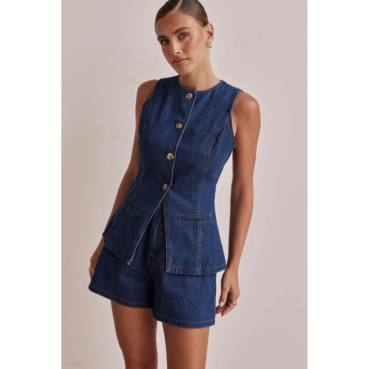 Navy Denim Peplum Waistcoat and Shorts Set