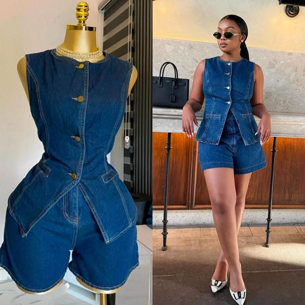 Navy Denim Peplum Waistcoat and Shorts Set