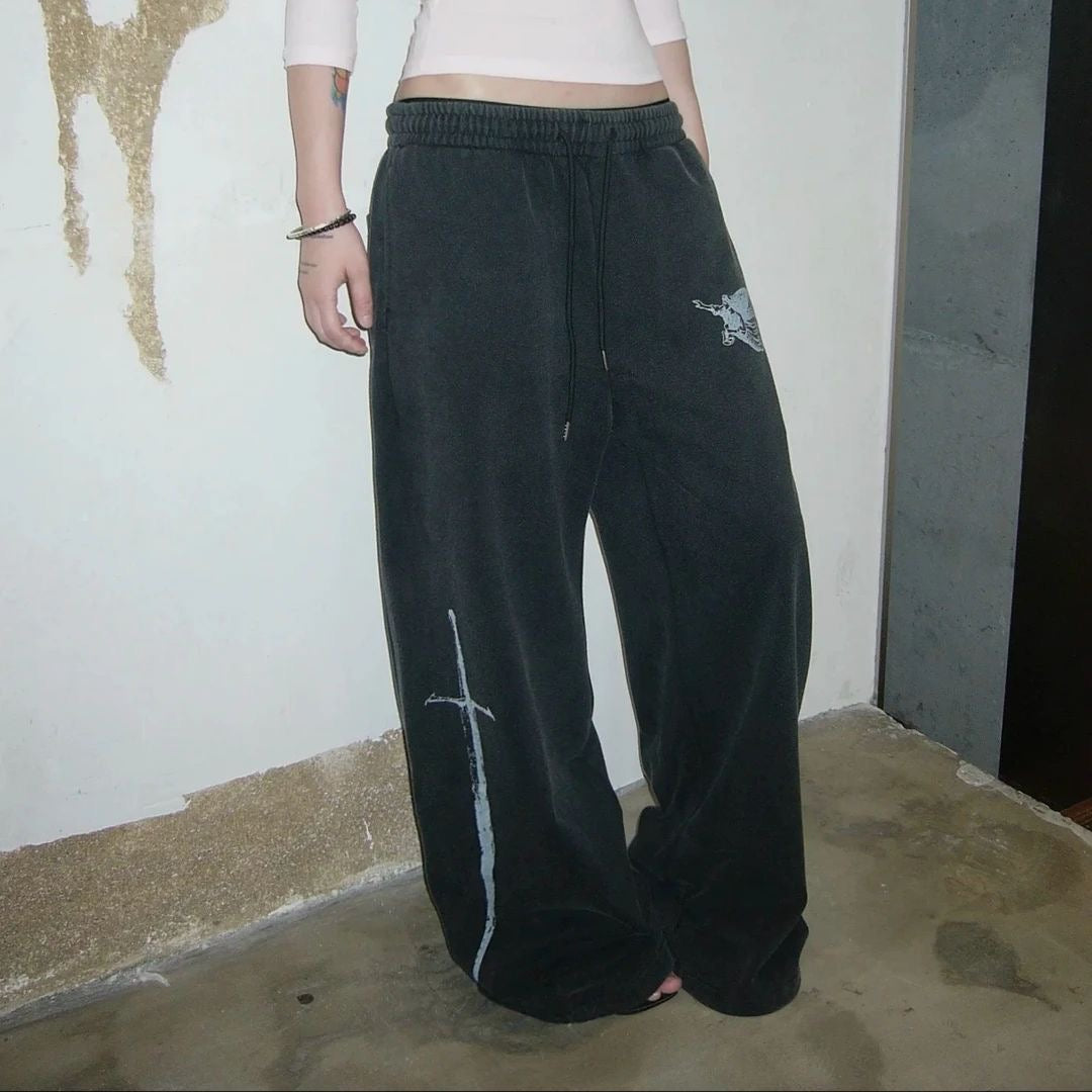 Black Letter Print Wide Leg Track Pants