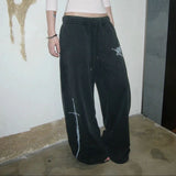 Black Letter Print Wide Leg Track Pants