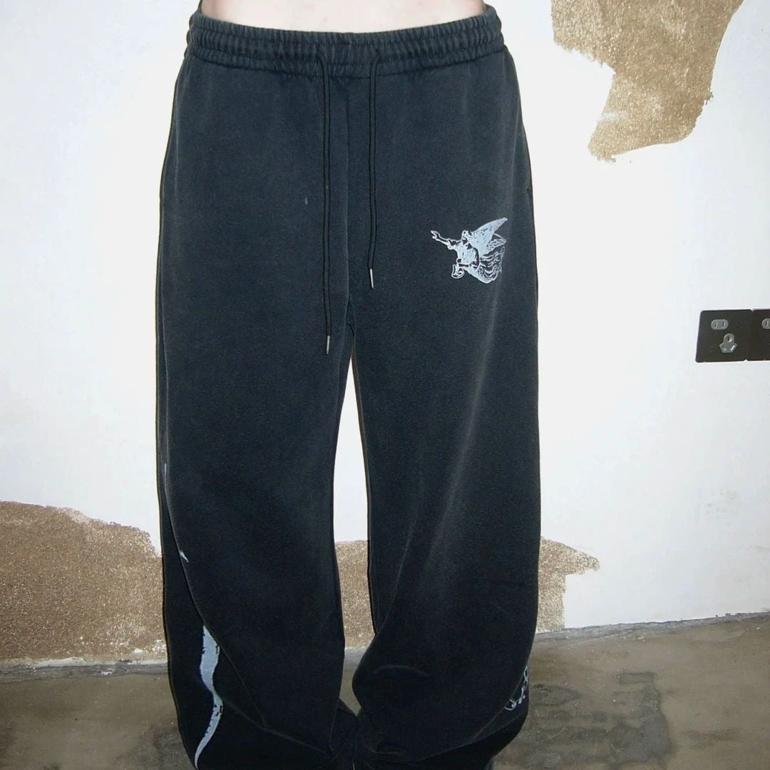 Black Letter Print Wide Leg Track Pants