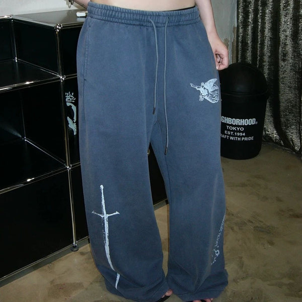 Blue Letter Print Wide Leg Track Pants