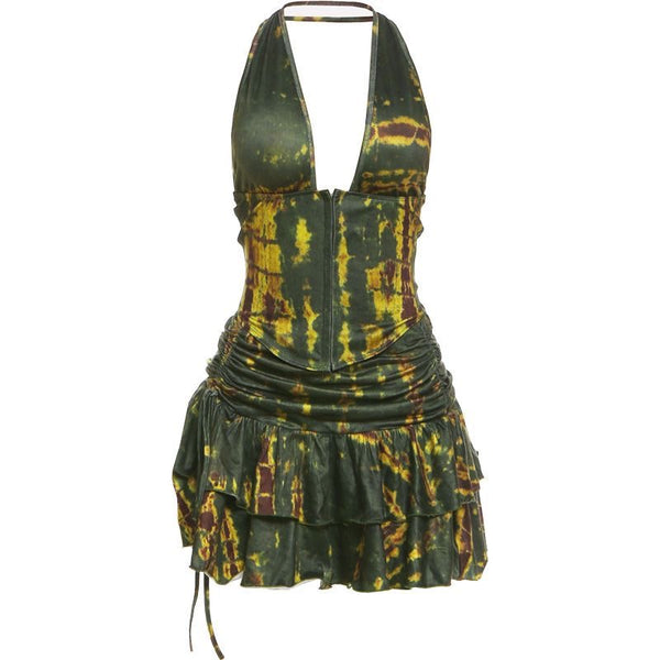 Green Print Halter Ruffle Mini Skirt 2-Piece Set