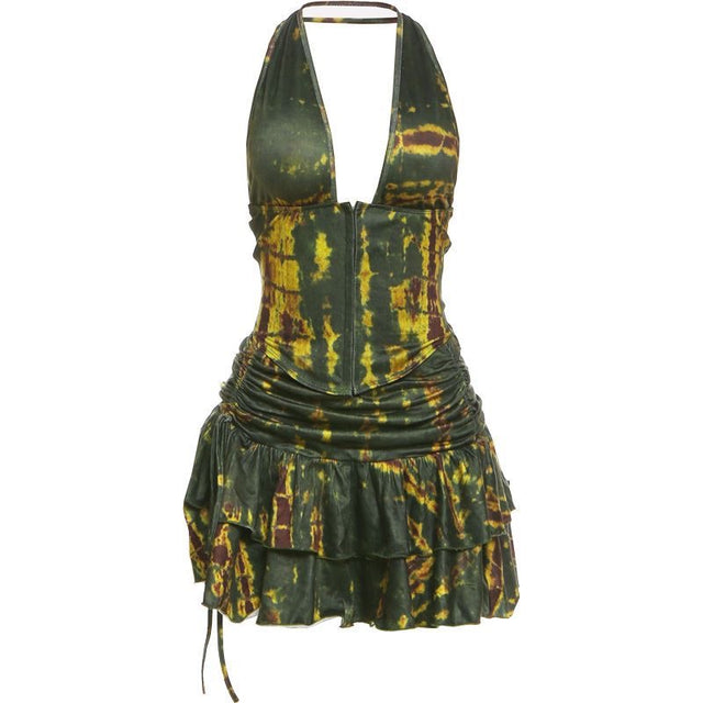 Green Print Halter Ruffle Mini Skirt 2-Piece Set
