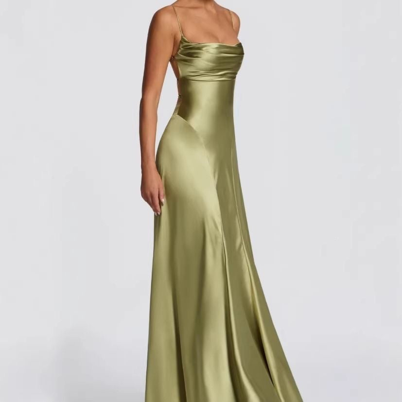 Olive Satin Backless Maxi Gown