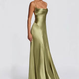 Olive Satin Backless Maxi Gown